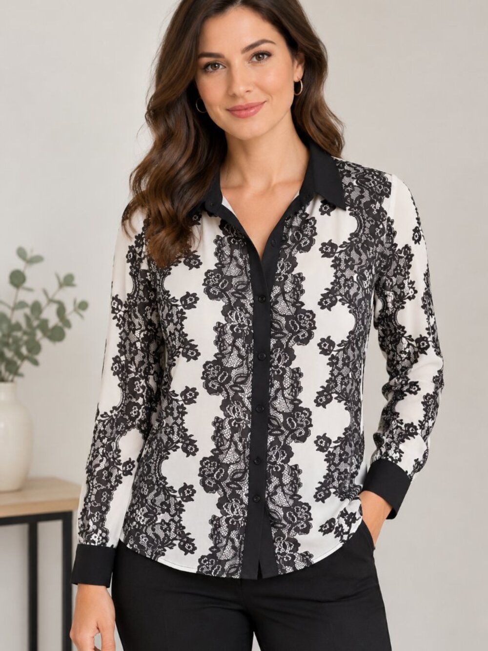Suzy Shier Black and White Floral Lace Sheer Blouse Size M